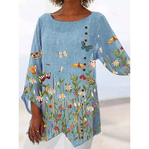 

Women's T shirt Tee Tunic Green Blue Pink Floral Butterfly Button Print Long Sleeve Casual Holiday Basic Round Neck Long Floral Butterfly Painting S