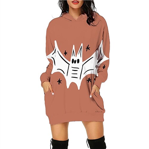 

Women's Casual Dress Hoodie Dress Short Mini Dress White Gray Light Brown Orange Beige Long Sleeve Skull Print Fall Winter Hooded Stylish Casual 2022 S M L XL 2XL 3XL 4XL 5XL