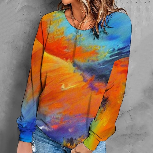 

Women's Sweatshirt Pullover Retro Orange Graphic Geometric Tie Dye Casual Round Neck Long Sleeve S M L XL 2XL 3XL / Winter