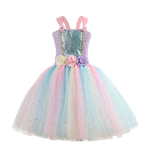 

Kids Girls' Dress Flower Tulle Dress Above Knee Dress Performance Sequins Sleeveless Cute Dress 3-12 Years Fall Lavender