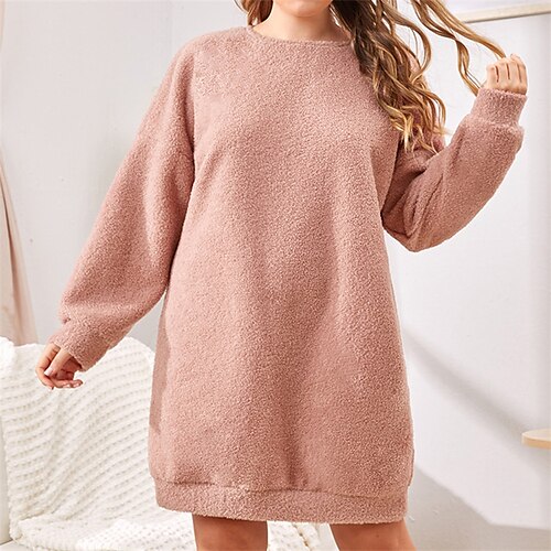 

Women's Plus Size Winter Loungewear Nightgown Dress Nighty Pure Color Comfort Soft Plush Home Daily Going out Polyester Warm Crew Neck Long Sleeve Fall Winter Pink / Flannel