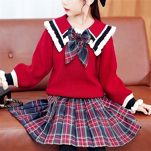

Kids Girls' Dress Solid Colored A Line Dress Knee-length Dress Daily Bow Long Sleeve Cute Dress 3-12 Years Fall Red