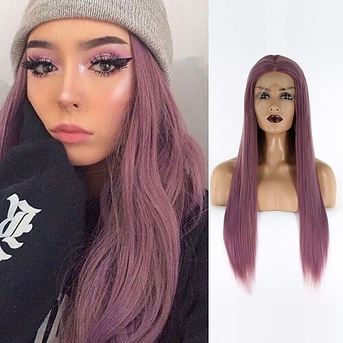 

Purple Wig Long Straight Synthetic Lace Front Wigs for Women Mix Purple Middle Part Glueless High Temperature Fiber Hand Tied Dark Purple Cosplay Daily Wear Wig