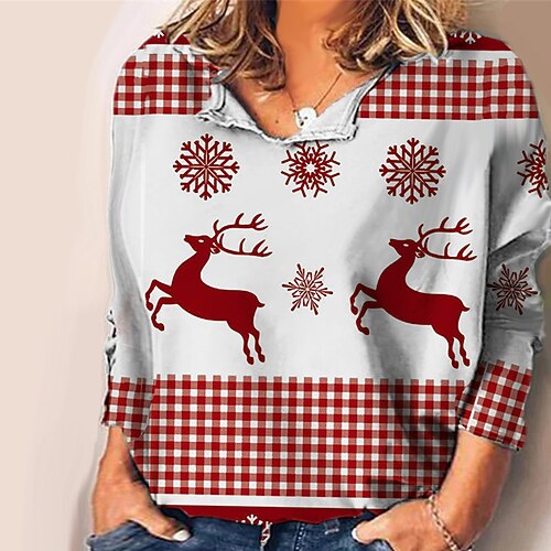 

Women's Plus Size Tops Blouse Shirt Plaid Snowflake Print Long Sleeve V Neck Casual Christmas Christmas Daily Polyester Fall Winter Blue Red