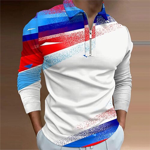 

Men's Collar Polo Shirt Golf Shirt Geometry Turndown Blue 3D Print Outdoor Street Long Sleeve Zipper Print Clothing Apparel Fashion Designer Casual Breathable