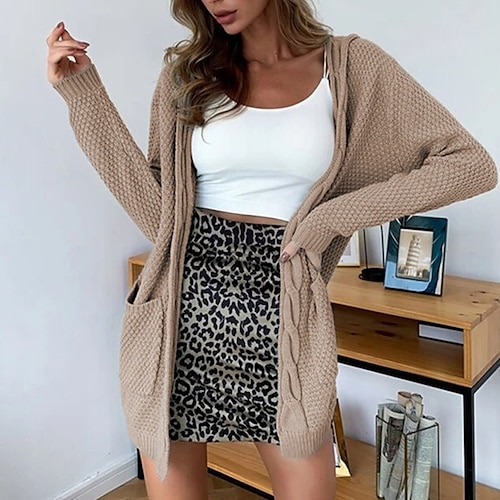 

Women's Cardigan Sweater Jumper Waffle Knit Pocket Knitted Pure Color Hooded Stylish Casual Outdoor Daily Winter Fall Wine Khaki S M L / Cotton / Long Sleeve / Cotton / Regular Fit / Going out