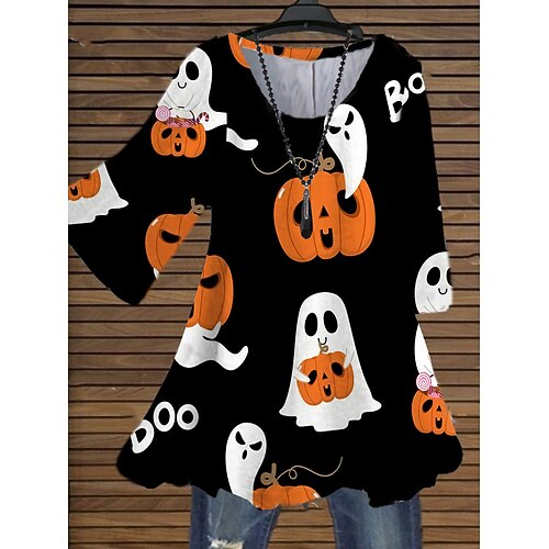 

Women's Plus Size Tops Blouse Shirt Cat Pumpkin Print 3/4 Length Sleeve Crewneck Casual Halloween Halloween Daily Cotton Spandex Jersey Fall Winter Purple Yellow