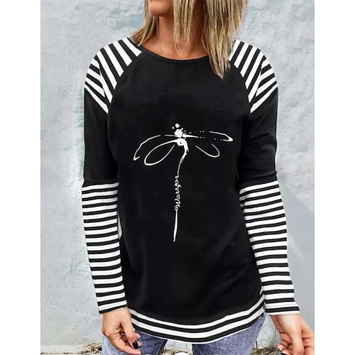 

Women's T shirt Tee Black Graphic Striped Print Long Sleeve Daily Weekend Basic Round Neck Regular Painting S / 3D Print