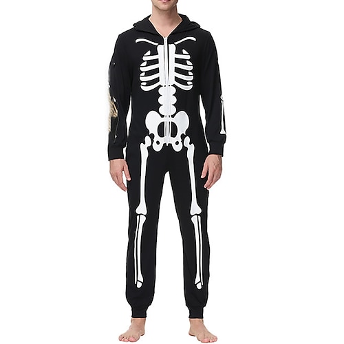 

Herre Pyjamas Jumpsuiter Nattøy Onesie-pysjamas Hodeskaller Mote Komfort Myk Hjem Halloween Seng Bomullsblanding Pustende Hettegenser Langermet Høst Vår Svart