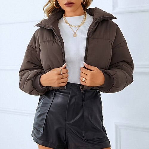 

Women's Down Jacket Winter Jacket Winter Coat Windproof Warm Outdoor Street Daily Vacation Zipper Pocket Zipper Lapel Street Style Solid Color Regular Fit Outerwear Long Sleeve Winter Fall Black Brown