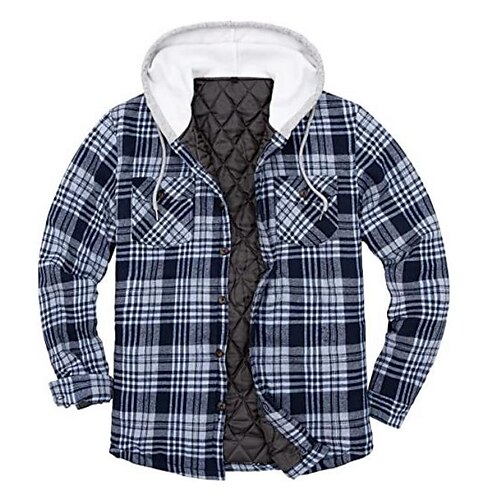 

Men's Puffer Jacket Winter Jacket Quilted Jacket Shirt Jacket Winter Coat Warm Casual Plaid / Check Outerwear Clothing Apparel Green Blue Red