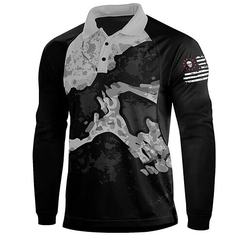 

Men's Collar Polo Shirt Golf Shirt Skull National Flag Turndown Black 3D Print Outdoor Halloween Long Sleeve Button-Down Print Clothing Apparel Fashion Cool Designer Casual