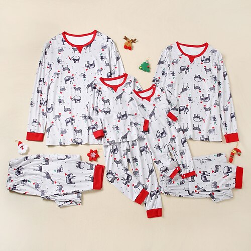 

Family Christmas Pajamas Ugly Cotton Animal Home Light Grey Long Sleeve Mom Dad and Me Daily Matching Outfits