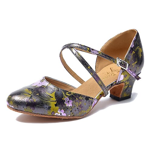

Women's Ballroom Shoes Modern Shoes Practice Ballroom Dance Waltz Heel Pattern / Print Vintage Thick Heel Cross Strap Purple Gold Blue