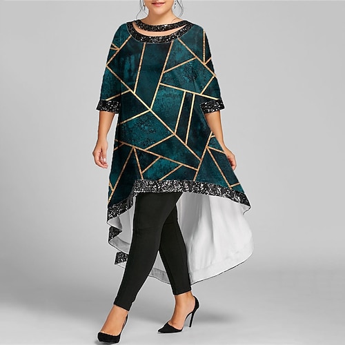 

Women's Plus Size Casual Dress Geometric Boat Neck Half Sleeve Fall Winter Casual Maxi long Dress Vacation Going out Dress / 3D Print