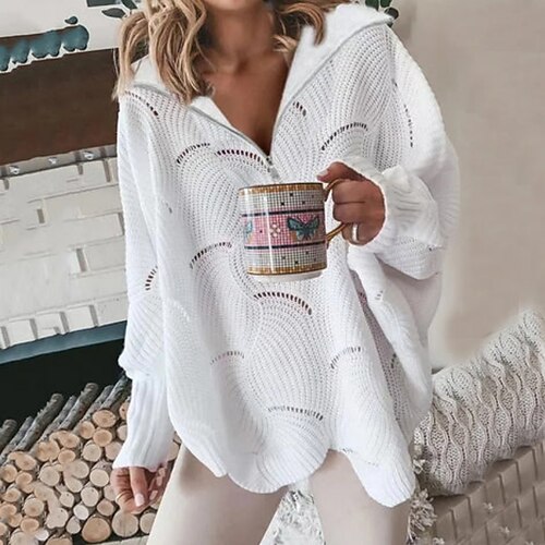 

Women's Pullover Sweater jumper Jumper Crochet Knit Cropped Knitted Hole Solid Color V Neck Casual Daily Holiday Winter Fall White S M L / Long Sleeve / Regular Fit