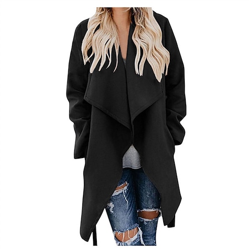 

Women's Winter Coat Windproof Warm Outdoor Street Daily Vacation Lace up Irregular Hem Open Front Turndown Fashion Modern Street Style Solid Color Regular Fit Outerwear Long Sleeve Winter Fall Black