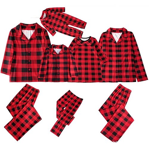 

Christmas Pajamas Family Set Ugly Plaid Home Red Long Sleeve Mom Dad and Me Daily Matching Outfits