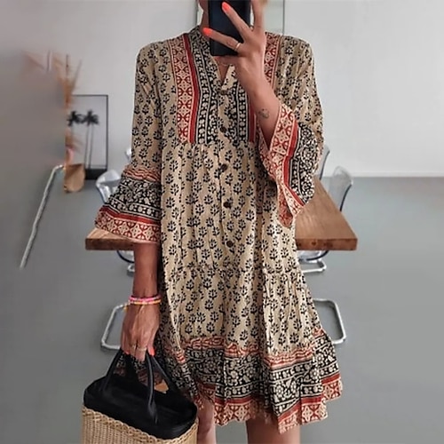 

Women's Casual Dress Boho Dress Midi Dress Khaki Long Sleeve Floral Ruched Winter Fall Autumn V Neck Winter Dress Weekend Fall Dress Loose Fit S M L XL XXL 3XL