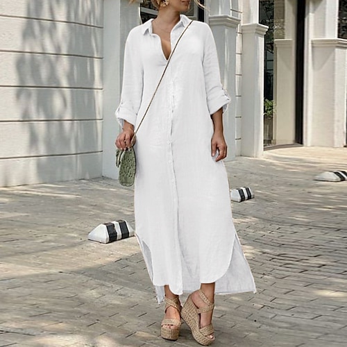 

Women's Shirt Dress Cotton Linen Dress Casual Dress Maxi long Dress Cotton Blend Classic Casual Outdoor Winter Dress Daily Shirt Collar Button Rolled Cuff Long Sleeve Spring Fall Winter 2023 Loose Fit