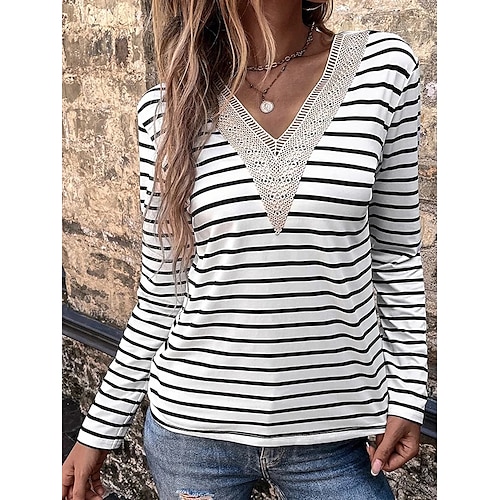 

Women's T shirt Tee White Striped Long Sleeve Daily Basic V Neck Regular S