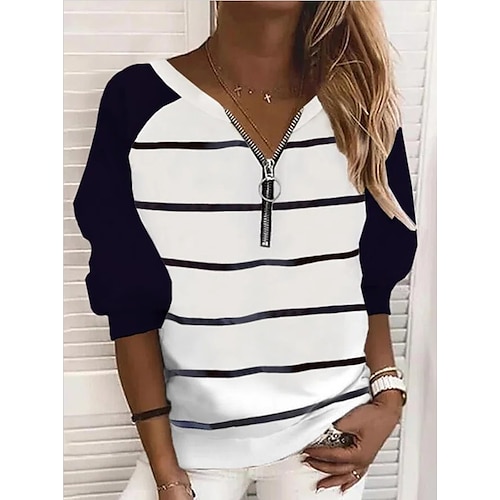 

Women's Blouse Shirt Green Blue Purple Striped Quarter Zip Print Long Sleeve Daily Weekend Streetwear Casual V Neck Regular S / 3D Print