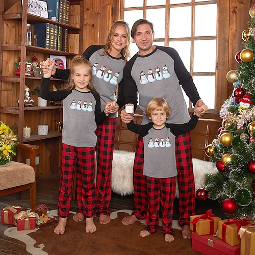 

Christmas Pajamas Family Set Ugly Plaid Snowman Daily Gray Long Sleeve Mom Dad and Me Daily Matching Outfits Spring Fall