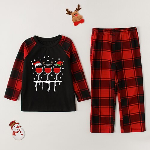 

2 Pieces Kids Unisex Christmas Clothing Set Outfit Graphic Plaid Long Sleeve Patchwork Set Indoor Daily Casual Fall Spring 2-8 Years Black