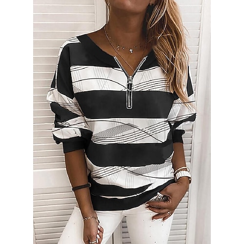 

Women's Blouse Shirt Red Gray Black Striped Quarter Zip Print Long Sleeve Daily Weekend Streetwear V Neck Regular S / 3D Print