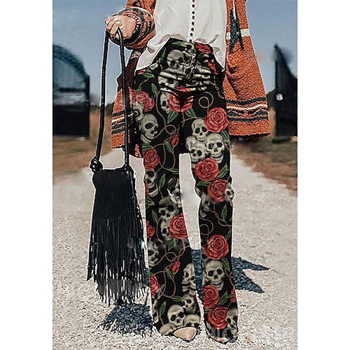 

Women's Bootcut Pants Trousers Bell Bottom Faux Denim Dark Yellow Gray Green Earth Yellow High Waist Fashion Halloween Casual Daily Print Micro-elastic Full Length Comfort Skeleton S M L XL XXL