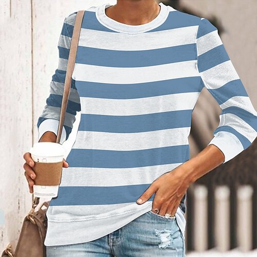 

Women's T shirt Tee Green Blue Pink Striped Print Long Sleeve Daily Weekend Basic Round Neck Regular S / 3D Print