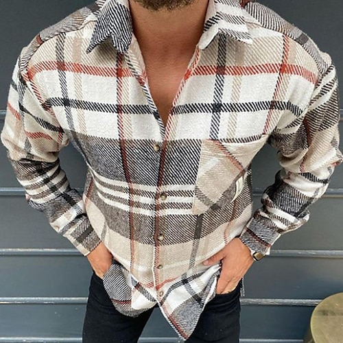 

Per uomo Camicia Camicia di flanella Giacca da camicia Beige Manica lunga A quadri Collo ripiegabile Primavera & Autunno Strada Giornaliero Abbigliamento Bottone giù