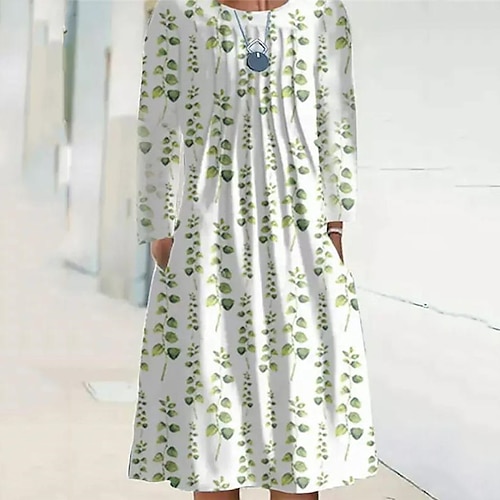 

Women's Casual Dress Shift Dress Midi Dress Green Long Sleeve Floral Pocket Print Fall Winter Round Neck Vacation Casual 2022 S M L XL XXL 3XL