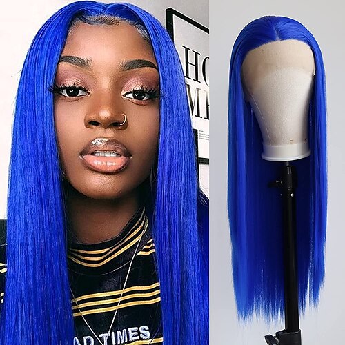 

Blue Wig Long Straight Synthetic Lace Front Wigs for Women Middle Part Glueless High Temperature Fiber Hand Tied Natural Hairline Long Cosplay Daily Wear Wig