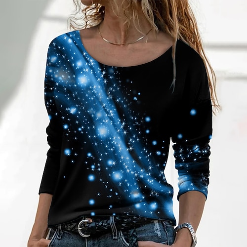 

T shirt Tee Femme Rose Claire Bleu Violet Galaxie Imprimer manche longue Casual Fin de semaine basique Col Rond Normal Standard Peinture S