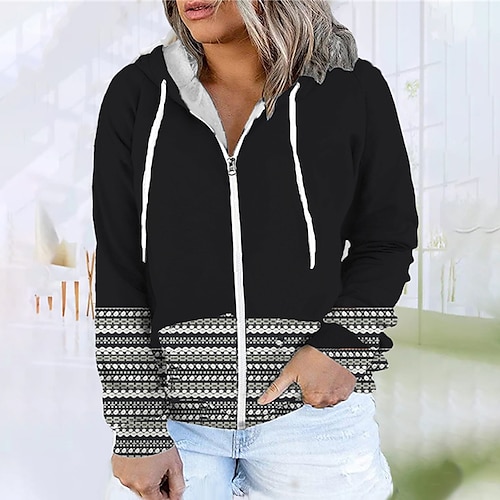 

Women's Plus Size Tops Hoodie Sweatshirt Geometry Zipper Print Long Sleeve Hooded Streetwear Daily Vacation Polyester Fall Winter Black / 3D Print
