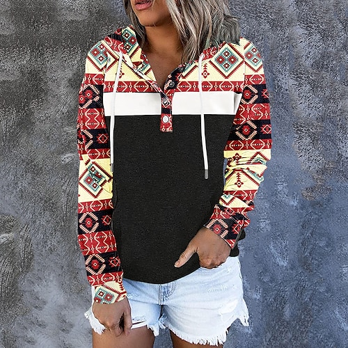 

Women's Pullover Hoodie Sweatshirt Pullover Geometric Front Pocket Print Daily Sports 3D Print Active Ethnic Clothing Apparel Hoodies Sweatshirts Black Gray