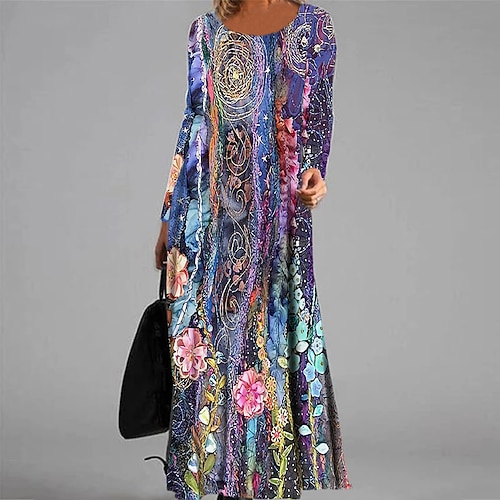 

Women's Casual Dress Swing Dress Long Dress Maxi Dress Purple Long Sleeve Floral Pocket Winter Fall Autumn V Neck Winter Dress Fall Dress 2022 S M L XL XXL 3XL