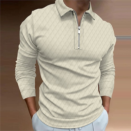 

Men's Collar Polo Shirt Golf Shirt Geometry Turndown Beige White 3D Print Outdoor Street Long Sleeve Zipper Print Clothing Apparel Fashion Designer Casual Breathable