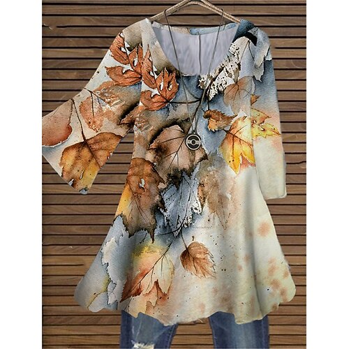 

Women's Plus Size Tops Blouse Shirt Leaf Print 3/4 Length Sleeve Crewneck Casual Daily Holiday Cotton Spandex Jersey Fall Winter Yellow