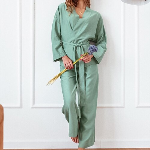 

Women's Loungewear Sets 2 Pieces Pure Color Comfort Home Daily Bed Polyester Breathable Gift V Wire Long Sleeve Pant Pocket Winter Fall Green