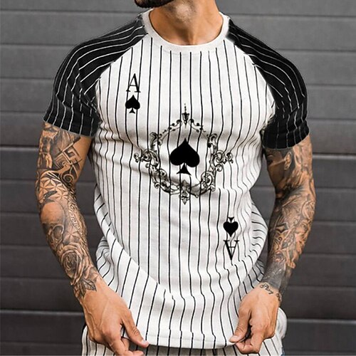 

Men's Unisex T shirt Tee Striped Graphic Prints Poker Crew Neck White Blue Khaki Short Sleeve 3D Print Outdoor Street Print Tops Sports Casual Classic Big and Tall / Summer / Summer