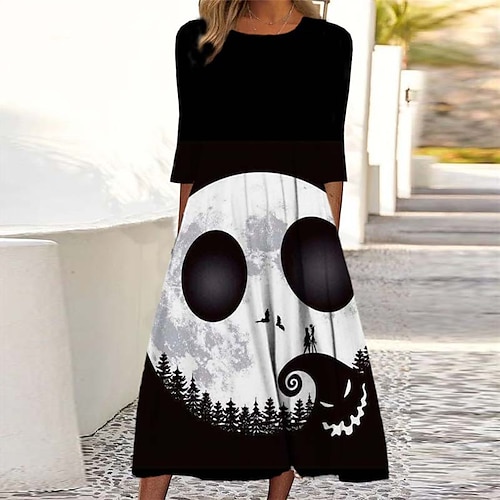 

Vestido casual feminino vestido de mudança vestido midi halloween preto manga 3/4 comprimento fantasma estampado ruched outono inverno gola redonda férias vintage casual 2022 s m l xl xxl 3xl