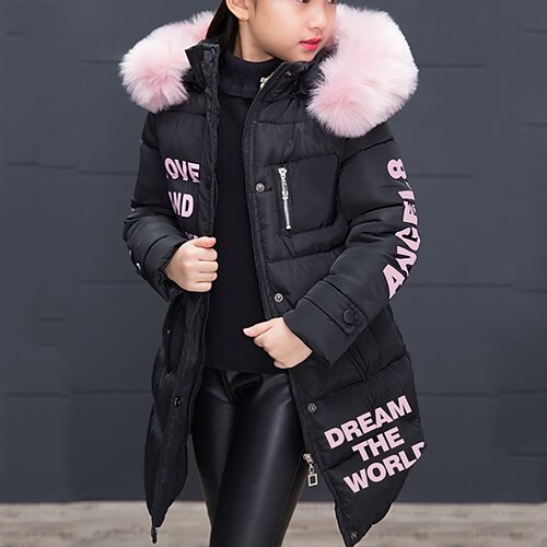 

Kids Girls' Trench Coat Down Long Sleeve Green Black Pink Letter Zipper Winter Basic Street 4-12 Years / School / Cotton