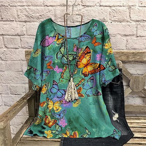 

Women's Plus Size Tops Blouse Shirt Animal Butterfly Print Half Sleeve Crew Neck Casual Daily Vacation Polyester Fall Winter Green