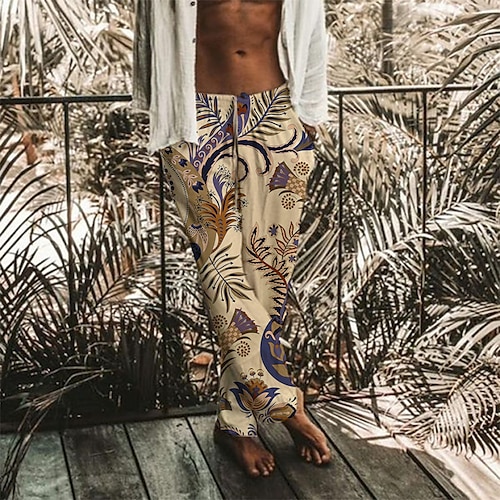 

Men's Trousers Beach Pants Pocket Drawstring Elastic Waist Plants Graphic Prints Comfort Breathable Casual Daily Holiday Streetwear Designer Khaki / Elasticity