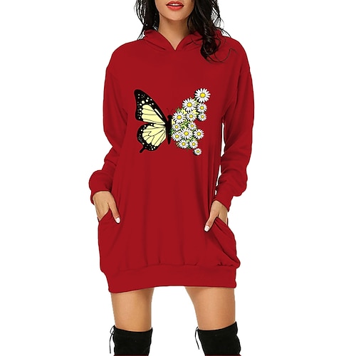 

Women's Pullover Hoodie Dress Active Streetwear Long Pocket Print Green Red White Butterfly Daisy Daily Hooded Long Sleeve S M L XL XXL 3XL