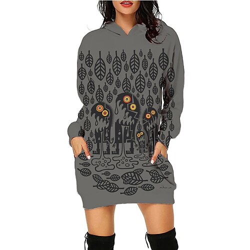 

Women's Hoodie Dress Short Mini Dress Black gray Black Gray Light gray Dark Gray Long Sleeve Abstract Pocket Print Fall Winter Hooded Casual Halloween Loose Fit 2022 S M L XL 2XL 3XL 4XL 5XL