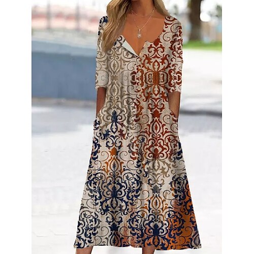 

Women's A Line Dress Midi Dress Brown Half Sleeve Print Ruched Print Fall Winter V Neck Casual Modern 2022 S M L XL 2XL 3XL