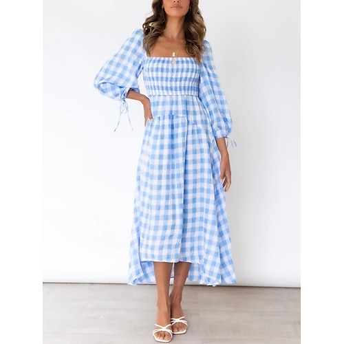 

Women's Casual Dress Shift Dress Swing Dress Midi Dress Light Blue Long Sleeve Plaid Print Winter Fall Autumn Square Neck Modern Winter Dress Weekend Fall Dress 2022 S M L XL